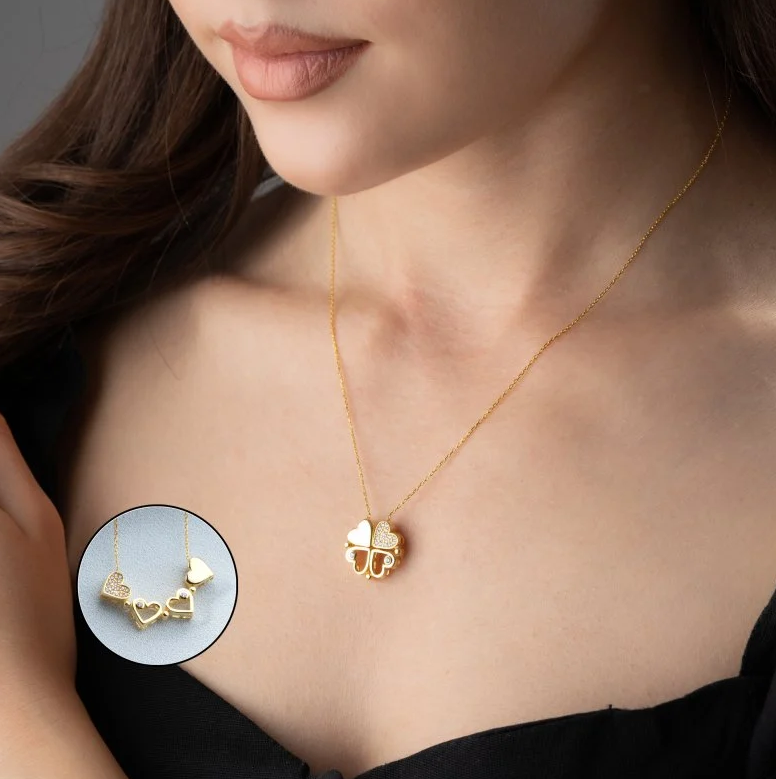 925 Ayar Gümüş Mıknatıslı Çift Kullanımlı Dörtlü Kalp Yonca Kolye