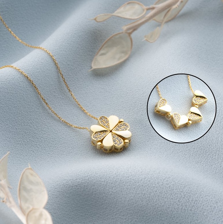 925 Ayar Gümüş Mıknatıslı Dörtlü Kalp Kolye