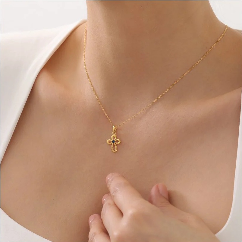 14 Ayar Altın Kaplama Doğum Taşlı Bijuteri Haç Kolye