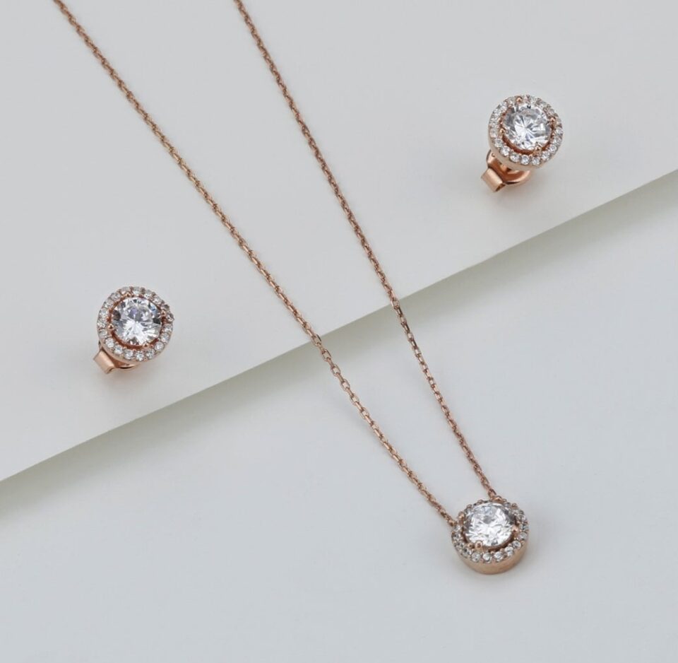 925 Ayar Gümüş Pırlanta Model Kolye Küpe Seti ( Rose Gold )