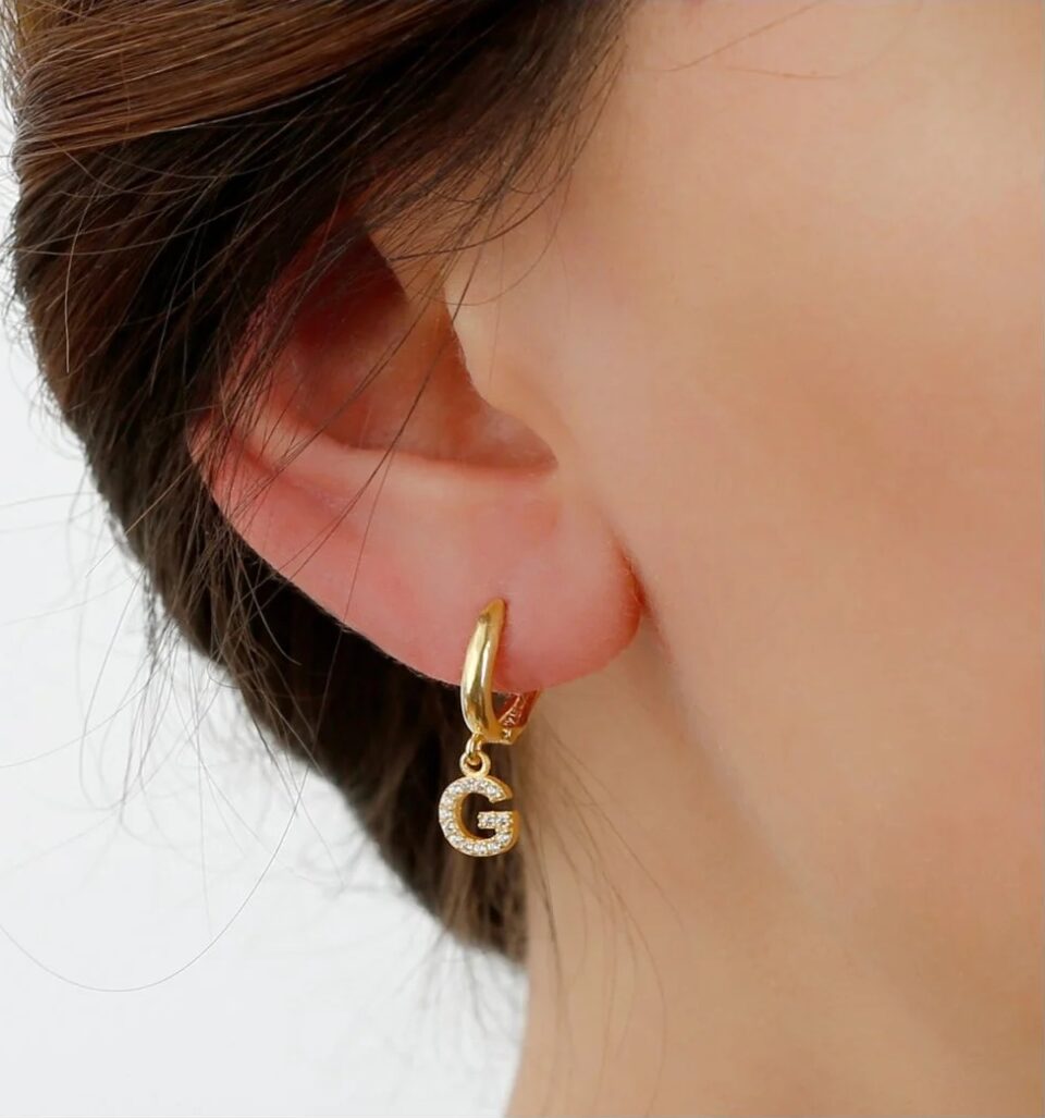 925 Ayar Gümüş Kişiye Özel Harfli Küpe ( 14 Ayar Altın Kaplama )