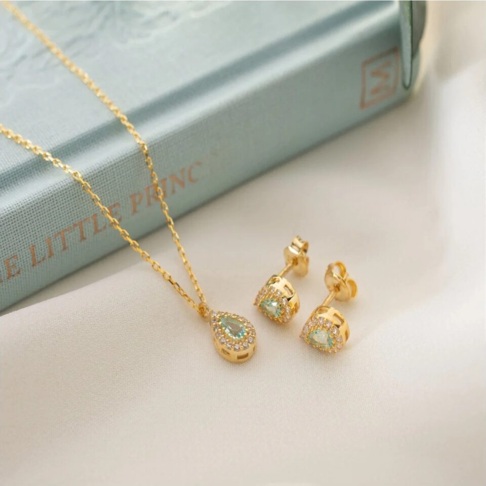 925 Ayar Gümüş Mart Ayı Doğum Taşı ( Aquamarine ) Kolye - Küpe Seti