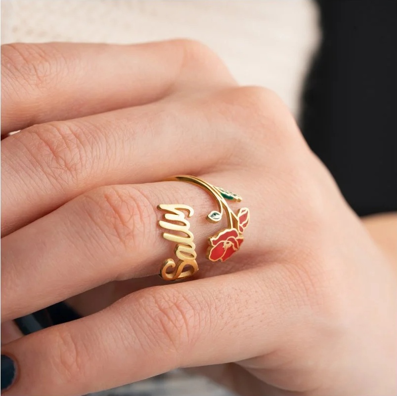 925 Ayar Gümüş Kişiye Özel Doğum Çiçekli İsimli Yüzük