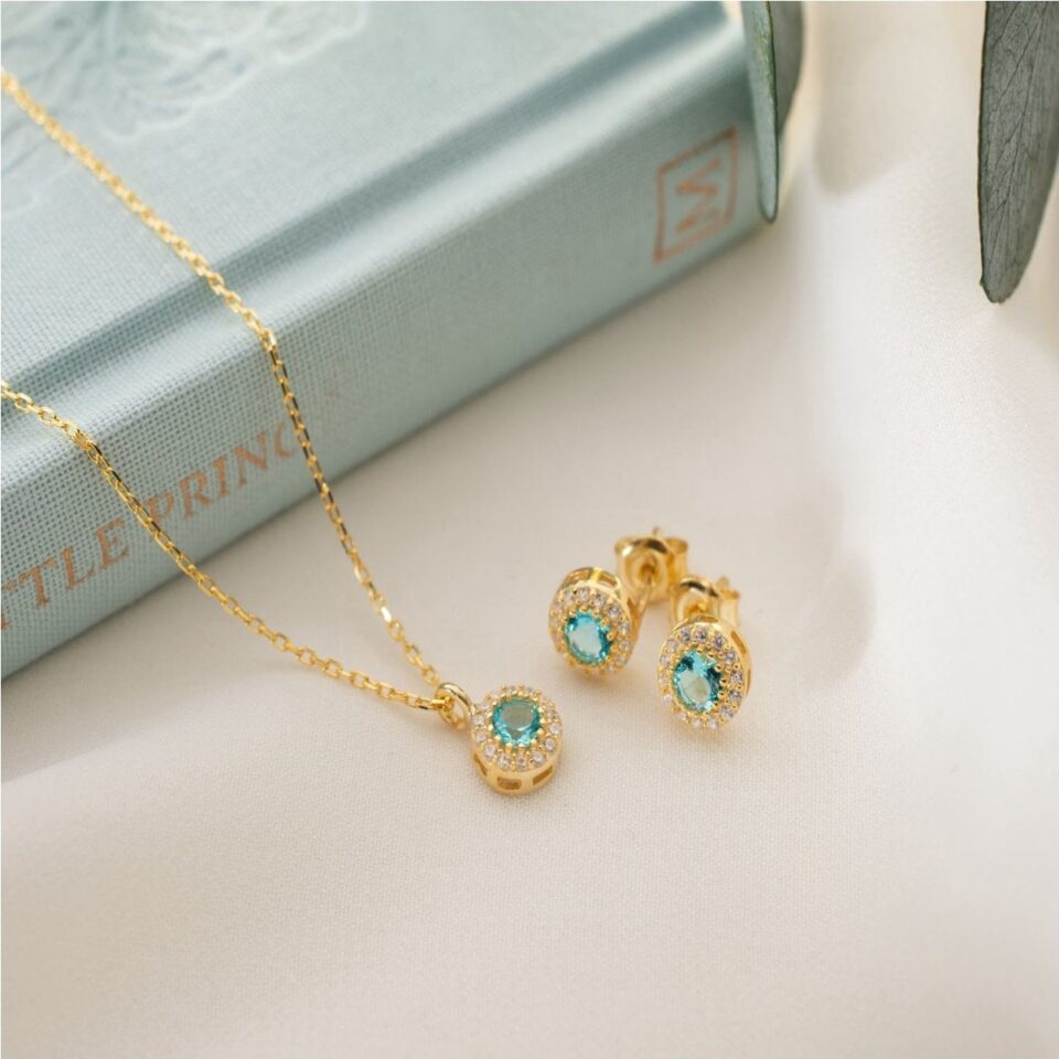 925 Ayar Gümüş Aralık Ayı Doğum Taşı ( Blue Topaz ) Kolye - Küpe Seti