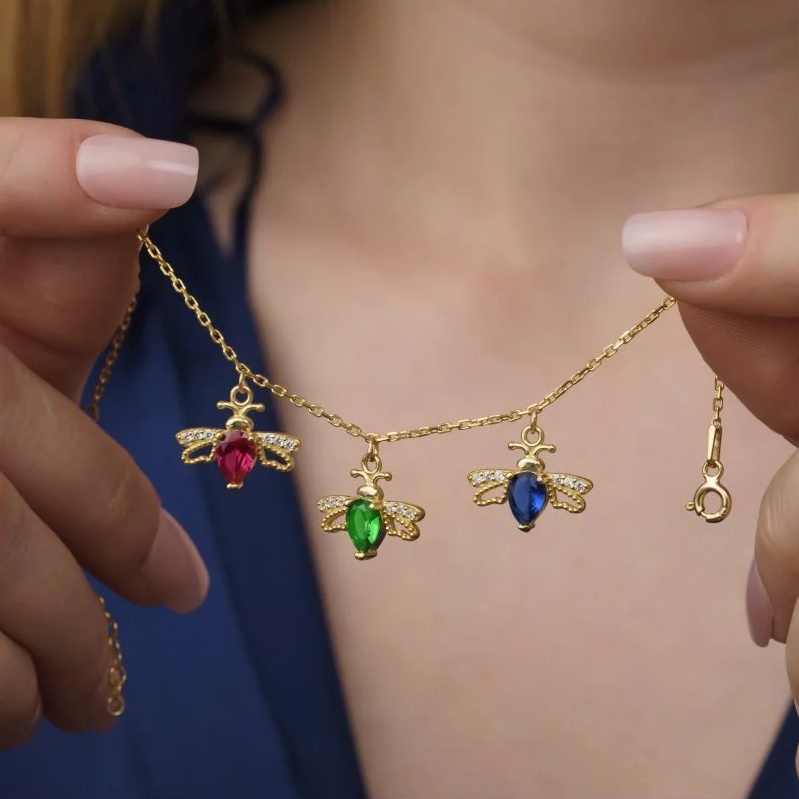 14 Ayar Altın Kaplama Kişiye Özel Doğum Taşlı Arı Kuşu Bileklik