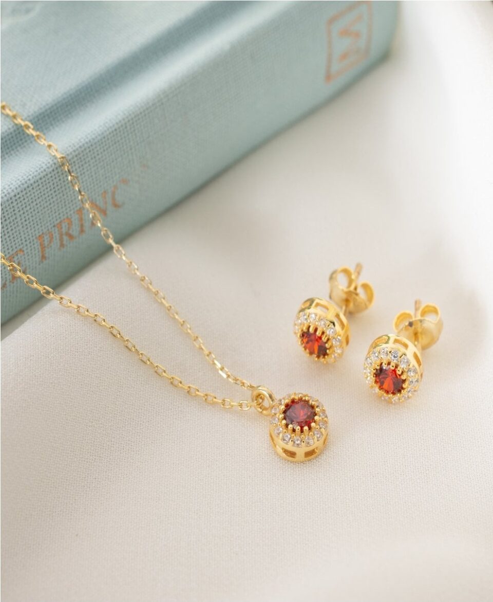 925 Ayar Gümüş Aylara Göre Damla Doğum Taşı Kolye - Küpe Seti