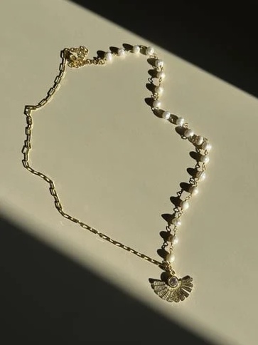 Yarısı İncili Yelpaze Kolye-925 Ayar Gümüş