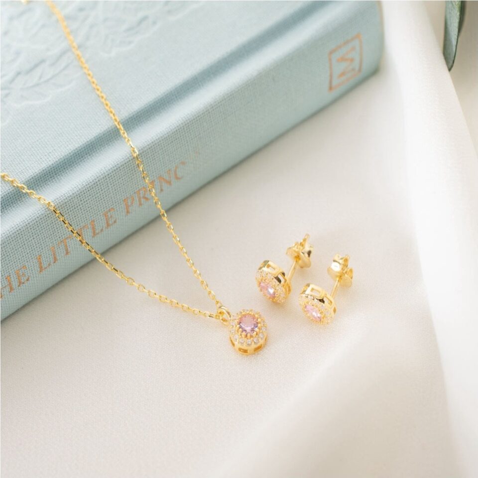 925 Ayar Gümüş Ekim Ayı Doğum Taşı ( Pink Tourmaline ) Kolye - Küpe Seti