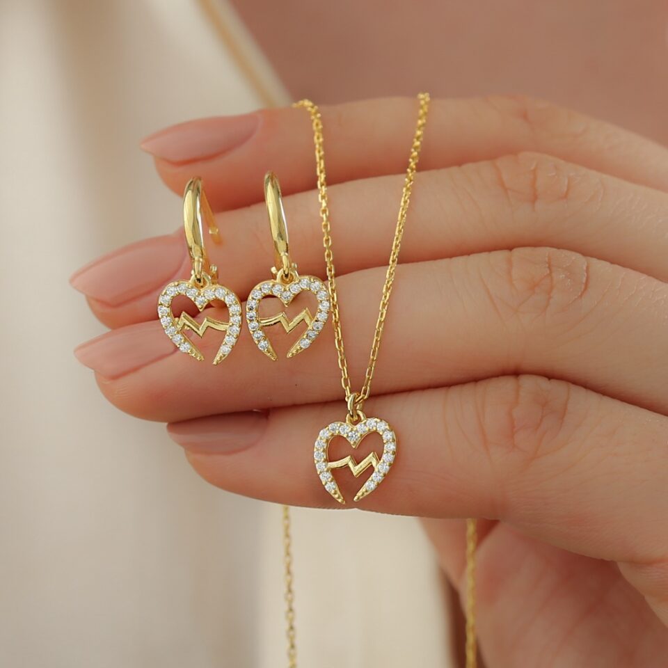 925 Ayar Gümüş Kalp Ritm Kolye Küpe Seti