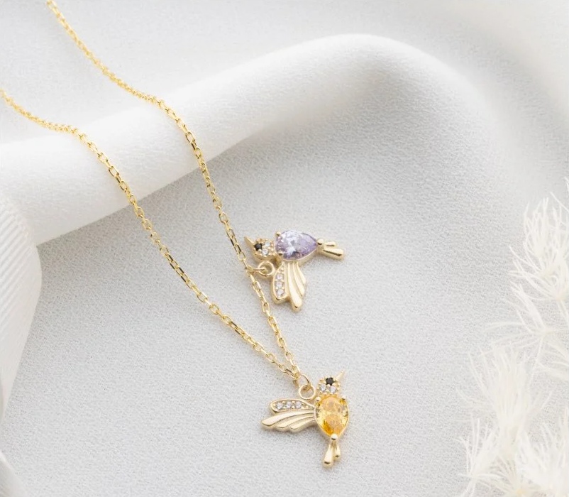 14 Ayar Altın Kaplama Kişiye Özel Doğum Taşlı Kuş Kolye Bijuteri