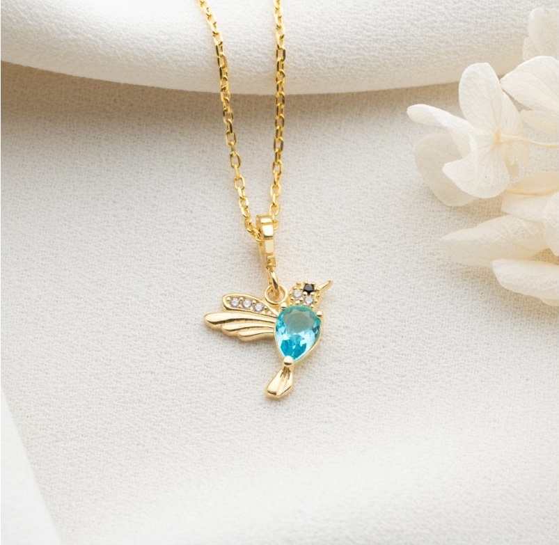 14 Ayar Altın Kaplama Kişiye Özel Doğum Taşlı Tekli Kuş Kolye Bijuteri