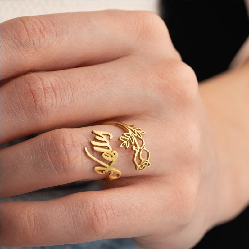 925 Ayar Gümüş Kişiye Özel Doğum Çiçekli İsimli Yüzük