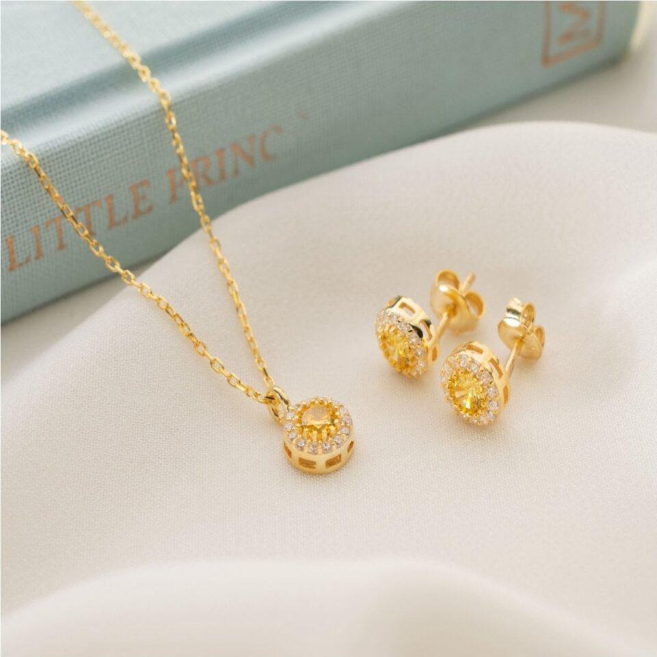 925 Ayar Gümüş Kasım Ayı Doğum Taşı ( Citrine ) Kolye - Küpe Seti